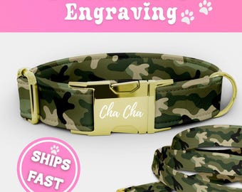Camouflage Dog Collar and Leash Set Personalized Handmade Camo Dog Collar Engraved Collar Adjustable Dog Collar Army Boy Pup Collar 032-3