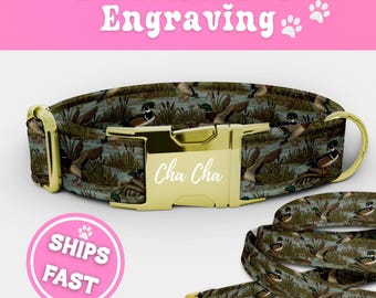 Personalized Mallard Duck Hunting Dog Collar & Leash Set Engraved Collar Puppy Collar Adjustable Dog Collar Cute Handmade Pup Collar 071-3
