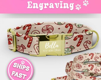 Personalized Candy Cane Dog Collar Leash Set Xmas Candy Dog Collar With Name Custom Girl Dog Collar Cute Adjustable Size Small - XL 187-3