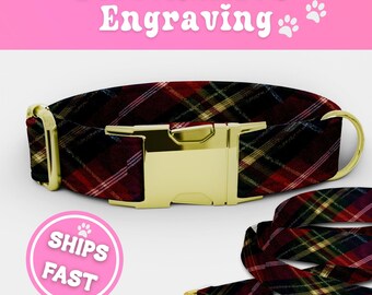 Engraved Dog Collar and Leash Set Plaid Personalized Luxury Puppy Collar Cute Adjustable Dog Collar Boy Handmade Girl Pup Collar Xmas 013-2