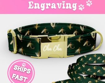 Engraved Fly Fishing Dog Collar & Leash Set Personalized Fabric Puppy Collar Adjustable Dog Collar Luxury Handmade Green Pup Collar 072-1