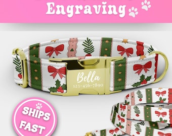 Xmas Stripes Dog Collar & Leash Set Christmas Engraved Cute Dog Collar Fabric Adjustable Cocoa Dog Collar Cute Handmade Puppy Collar 199-3