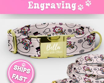Snowman Dog Collar Leash Set Personalized Christmas Dog Collar With Name Custom Girl Dog Collars Are Cute Adjustable Sizes Small - XL 186-1