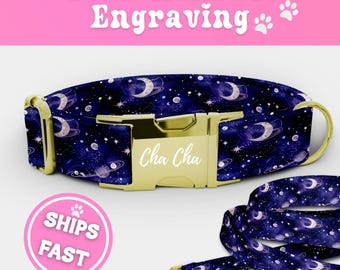 Engraved Galaxy Dog Collar & Leash Set Personalized Fabric Puppy Collar Adjustable Luxury Dog Collar Boy Handmade Celestial Pup Collar 050-1