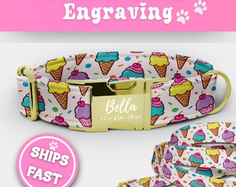Iced Cream Dog Collar & Leash Set Personalized Engraved Puppy Collar Adjustable Summer Dog Collar Handmade Summer Colorful Dog Collar 170-1