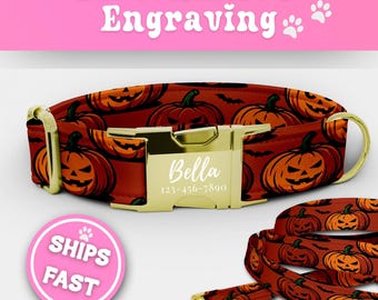Jack O Lantern Dog Collar & Leash Set Custom Personalized Engraved Buckle Jack Olantern Dog Collar Adjustable Jack Olantern Collar 184-3