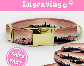 Personalized Mountain Dog Collar and Leash Set Engraved Handmade Fabric Dog Collar Adjustable Luxury Dog Collar Boy Girl Pup Collar 024-2