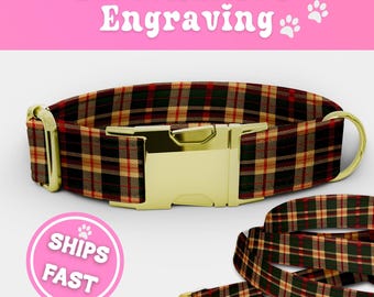 Engraved Plaid Dog Collar and Leash Set Personalized Luxury Puppy Collar Cute Adjustable Dog Collar Boy Handmade Girl Pup Collar 013-1