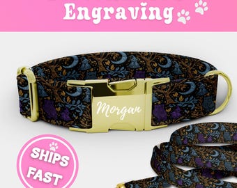 Engraved Mystical Witch Dog Collar & Leash Set Personalized Fabric Puppy Collar Adjustable Luxury Collar Handmade Boy Girl Pup Collar 091-1
