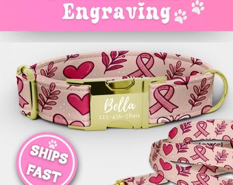 Breast Cancer Awareness Dog Collar Leash Set Personalized Matching Pink Cancer Awareness Engraved Puppy Adjustable Handmade Dog Collar 198-3