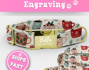 Hot Chocolate Dog Collar & Leash Set Christmas Engraved Cute Dog Collar Fabric Adjustable Cocoa Dog Collar Cute Handmade Puppy Collar 199-1