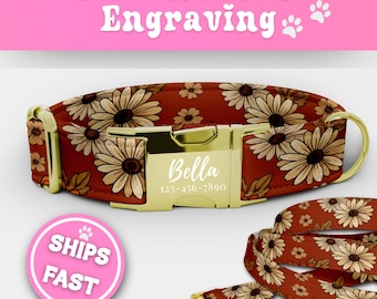 Fall Dog Collar & Leash Personalized Set Boho Autumn Flowers Engraved  Dog Collar With Name Custom Cute Adjustable Collars Small - XL 180-3
