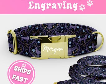 Personalized Mystical Witch Dog Collar & Leash Set Engraved Collar Puppy Collar Adjustable Luxury Collar Handmade Boy Girl Pup Collar 091-3