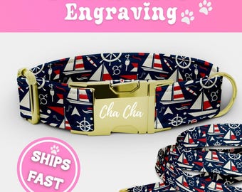 Personalized Nautical Dog Collar & Leash Set Engraved Buckle Fabric Puppy Collar Adjustable Dog Collar Luxury Handmade Boy Pup Collar 073-2