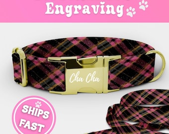 Personalized Pink Tartan Dog Collar Leash Set Buffalo Plaid Puppy Engraved Adjustable Dog Collar Girl with Name Handmade Dog Collar 035-2