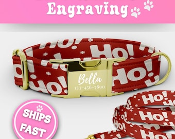 Ho Ho Ho Personalized Dog Collar Leash Set Xmas Ho Ho Ho Dog Collar With Name Custom Girl Dog Collar Cute Adjustable Size Small - XL 204-2