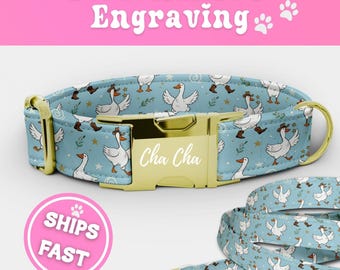 Personalized Goose Dog Collar Leash Set Matching Silly Engraved Goose Puppy Collar Adjustable Luxury Handmade Cute Boy Big Dog Collar 033-3