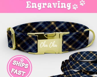 Preppy Blue Dog Collar Leash Set Personalized Tartan Plaid Puppy Engraved Adjustable Dog Collar with Name Boy Handmade Dog Collar 035-3