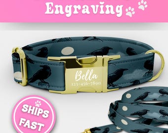 Personalized Ravens Dog Collar & Leash Set Custom Engraved Buckle Halloween Ravens Dog Collar Adjustable Handmade Halloween Dog Collar 179-2