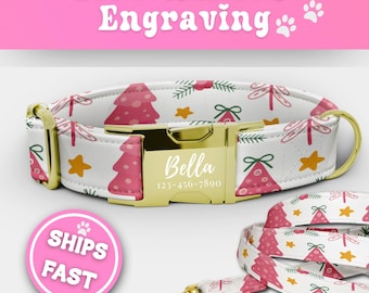 Christmas Tree Dog Collar Leash Set Personalized Christmas Dog Collar With Name Custom Girl Dog Collar Cute Adjustable Size Small - XL 186-1