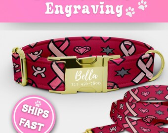 Breast Cancer Awareness Personalized Dog Collar Leash Set Matching Pink Cancer Awareness Engraved Puppy Adjustable Handmade Dog Collar 198-2