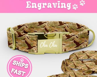 Engraved Duck Dog Collar & Leash Set Personalized Fabric Puppy Collar Adjustable Dog Collar Cute Handmade Boy Camo Hunting Pup Collar 070-1