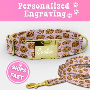 Cookies Dog Collar & Leash Set Engraved Personalized Fabric Puppy Collar Adjustable Dog Collar Girl Handmade Chocolate Chip Pup Collar 069-2