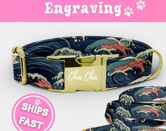 Personalized Japanese Wave Dog Collar and Leash Set Engraved Luxury Fabric Puppy Collar Adjustable Dog Collar Girl Handmade Pup Collar 025-1
