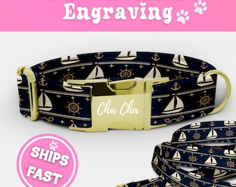 Engraved  Sailing Dog Collar & Leash Set Personalized Fabric Puppy Collar Adjustable Dog Collar Luxury Handmade Nautical Pup Collar 073-1