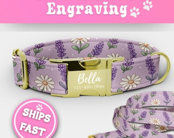 Lavender Dog Collar Leash Set Matching Personalized Engraved Lavender Puppy Collar Adjustable Luxury Handmade Cute Girl Big Dog Collar 193-3