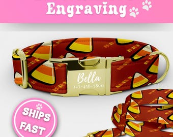 Halloween Candy Personalized Dog Collar Leash Set Matching Engraved Candy Corn Puppy Collar Adjustable Handmade Trick Treat Dog Collar 192-2