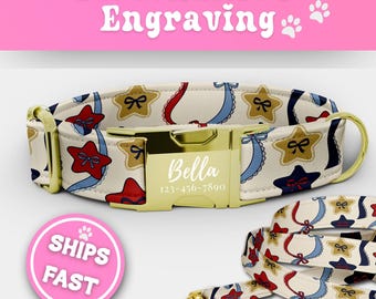Collar y correa personalizados con estrellas y rayas para perro. Collar patriótico personalizado con hebilla grabada, ajustable, hecho a mano, estilo EE. UU., 141-1
