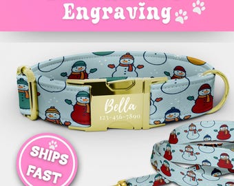 Personalized Snowman Dog Collar Leash Set Christmas Dog Collar With Name Custom Girl Dog Collars Are Cute Adjustable Sizes Small - XL 186-2