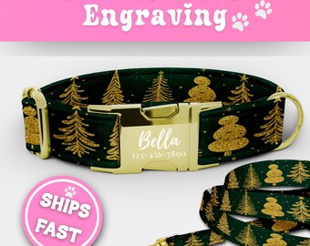 Christmas Tree Dog Collar Leash Set Personalized Christmas Dog Collar With Name Custom Girl Dog Collar Cute Adjustable Size Small - XL 186-2