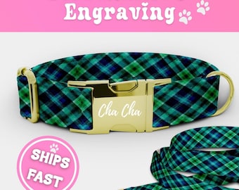 Personalized Preppy Tartan  Dog Collar Leash Set Engraved Adjustable Luxury Plaid Puppy Dog Collar Boy Handmade Designer Dog Collar 035-1
