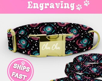 Galaxy Dog Collar & Leash Set Engraved Personalized Fabric Puppy Collar Adjustable Luxury Dog Collar Boy Handmade Celestial Pup Collar 050-2