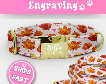Autumn Leaves Personalized Dog Collar & Leash Set Fall Leaf Engraved Puppy Collar Custom Adjustable Handmade Autumn Fall Puppy Collar 177-1