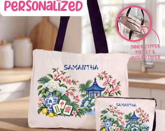 Mahjong Tote Bag Personalized Custom Playing Mahjong Tiles Storage Bag Chinoiserie Mahjong Bag Mah Jong Gift for Mahjongg Lover TOT-001-A
