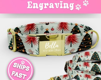 Christmas Tree Dog Collar Leash Set Personalized Christmas Dog Collar With Name Custom Girl Dog Collar Cute Adjustable Size Small - XL 186-3