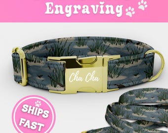 Personalized Duck Dog Collar & Leash Set Engraved Collar Puppy Collar Adjustable Dog Collar Cute Handmade Boy Camo Hunting Pup Collar 070-3