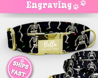 Halloween Skeletons Dog Collar & Leash Set Custom Personalized Engraved Buckle Skeleton Dog Collar Adjustable Handmade Puppy Collar 184-2