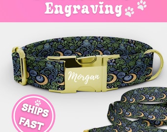 Mystical Witch Dog Collar & Leash Set Engraved Personalized Fabric Puppy Collar Adjustable Luxury Collar Handmade Boy Girl Pup Collar 091-2