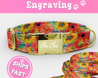 Floral Puppy Custom Collar Leash Set Personalized Engraved Adjustable Luxury Dog Collar Girl Cute Handmade Flowers Designer Dog Collar 038-2