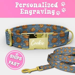 Personalized Cookies Dog Collar & Leash Set Engraved Collar Puppy Collar Adjustable Dog Collar Boy Handmade Chocolate Chip Pup Collar 069-3