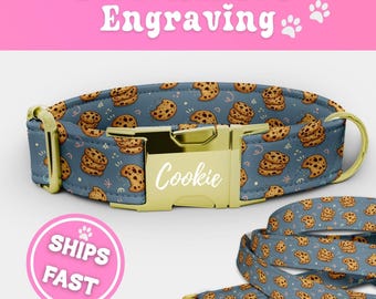 Personalized Cookies Dog Collar & Leash Set Engraved Collar Puppy Collar Adjustable Dog Collar Boy Handmade Chocolate Chip Pup Collar 069-3
