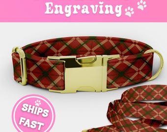 Engraved Dog Collar and Leash Set Personalized Plaid Designer Puppy Collar Cute Adjustable Dog Collar Boy Handmade Girl Pup Collar 013-3