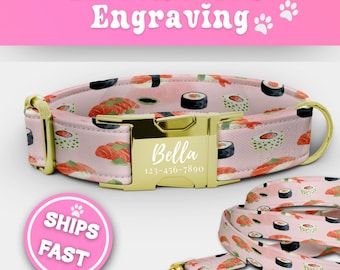 Sushi Dog Collar & Leash Set Personalized Customized Dog Collar with Name Engraved Buckle Adjustable Handmade Puppy Collar Gift 155-1