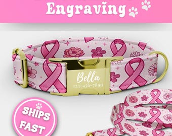 Conjunto de collar y correa personalizados para perros con el lema "Concientización sobre el cáncer de mama" a juego, color rosa. Collar ajustable hecho a mano para cachorros, 198-1.