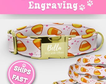 Personalized Halloween Candy Dog Collar Leash Set Matching Engraved Candy Corn Puppy Collar Adjustable Handmade Trick Treat Dog Collar 192-1