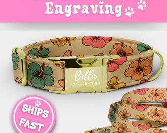 Tropical  Dog Collar Leash Set Personalized Matching Engraved Hibiscus Puppy Collar Adjustable Handmade Tropical Floral Dog Collar 197-3